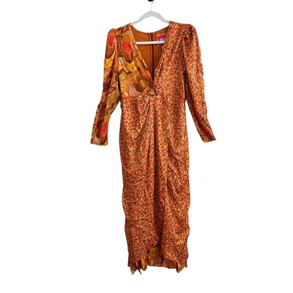 CeliaB Kazbek Long Puff Sleeve Printed Midi Dress Multicolor Women's Size Large - Picture 3 of 11